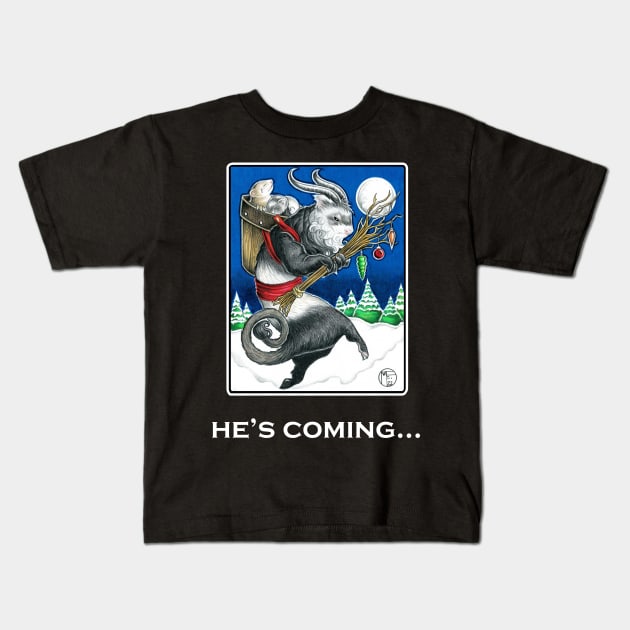 Ferret Krampus - He's Coming - White Outlined Version Kids T-Shirt by Nat Ewert Art